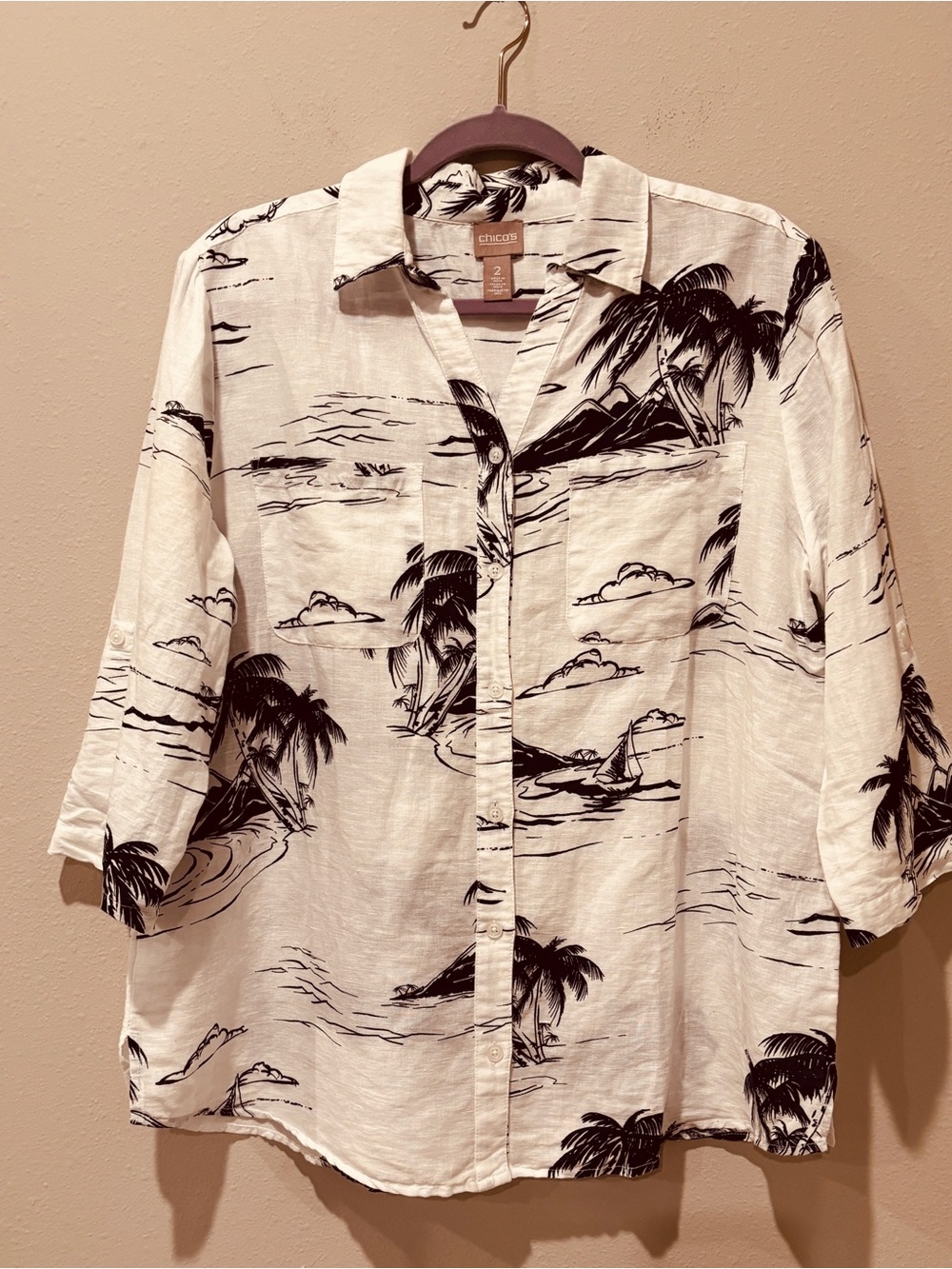 Chico's Black & Cream Hawaiian Button-Up Shirt Tropical Vacation Linen Cotton